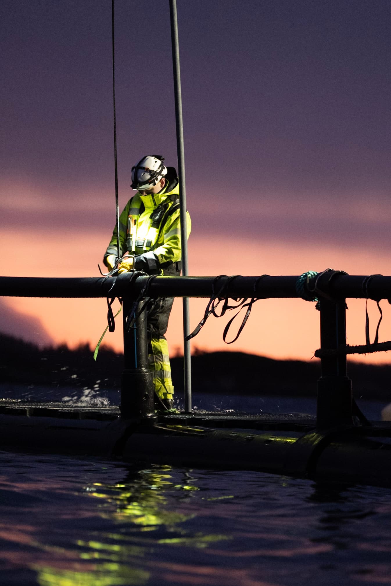 Arbeid ved merd i solnedgang